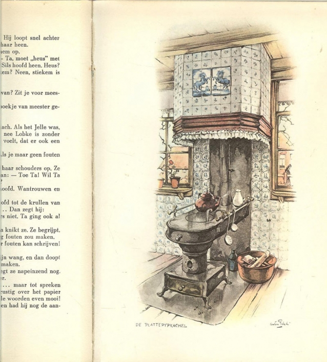Op pagina 72 van het door Anton Pieck geillustreerde boek ‘Sil de strandjutter’ zien we in een illustratie de liefde van Anton voor oude Delfts blauwe tegels terug.