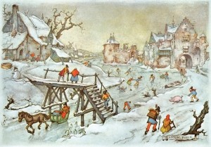 Anton Pieck, IJstafereel, arrenslee onder houten brug, 1969, kalenderplaat voor de maand januari