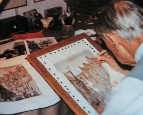 Anton Pieck werkt aan kalenderplaat