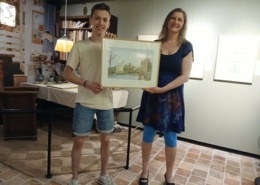 Aquarel Schreierstoren Amsterdam van Tijn Tempelaars overhandigd aan het Anton Pieck Museum